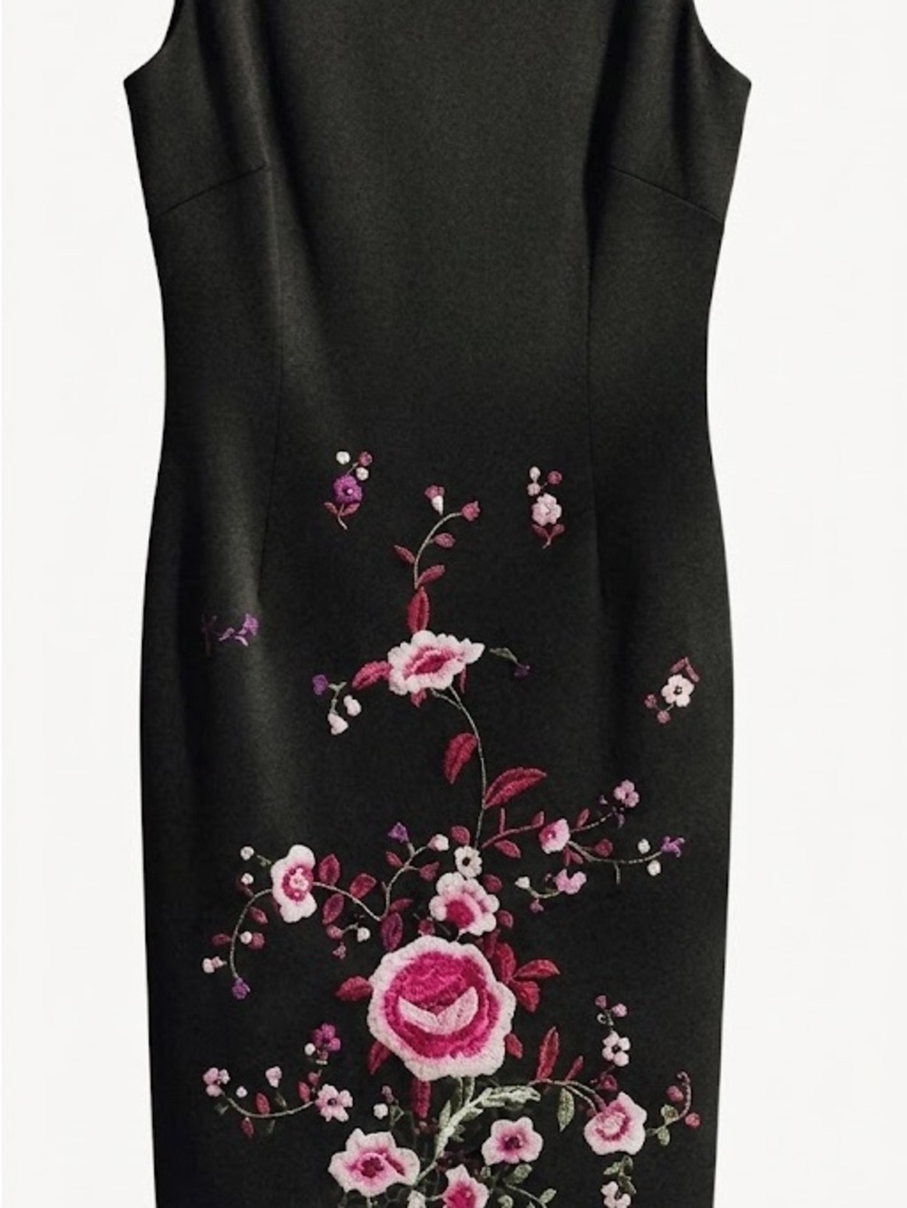 Warehouse Design UK Black Sleeveless Stretch Sheath with Rich Floral Embroidery